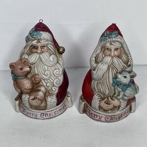 Merry Christmas Santa Bell Teddy Bear Ceramic Vintage Ornament Bell Set Of 2